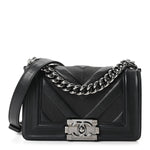 Calfskin Perforated Chevron Quilted Small Boy Flap Black