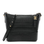 Crocodile Embossed Calfskin Medium Gabrielle Cocodile Hobo Black