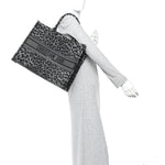 Canvas Mizza Embroidered Large Leopard Book Tote Grey