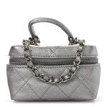 Metallic Caviar Quilted Mini Top Handle Vanity With Chain Silver