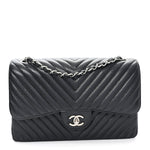 Caviar Chevron Quilted Jumbo Double Flap Black