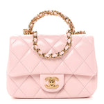 Shiny Lambskin Quilted Mini Twisted Links Top Handle Flap Light Pink