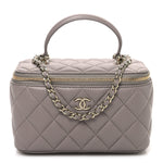 Lambskin Quilted Small Top Handle Vanity Case With Chain Dark Grey