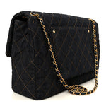 Denim Quilted XXL Travel Flap Bag Dark Blue Orange