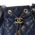 Lambskin Quilted Chain Drawstring Bag Navy Blue