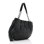Lambskin Stitched Chocolate Bar Chain Fringe Hobo Black