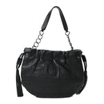 Lambskin Stitched Chocolate Bar Chain Fringe Hobo Black