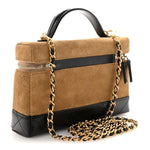 Suede Calfskin Shiny Lambskin Quilted Top Handle Slim Vanity Case With Chain Beige Black
