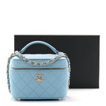 Caviar Quilted Top Handle Vanity Case With Chain Blue