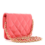 Shiny Lambskin Quilted Card Holder On Chain Pink