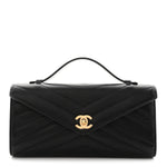 Lambskin Chevron Quilted Top Handle Envelope Clutch Black