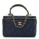 Lambskin Quilted Metal Small Top Handle Vanity Case With Chain Blue