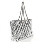 Metallic Crushed Calfskin Quilted Medium Crush Carry All Tote Bag Silver