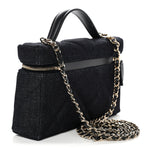 Denim Quilted Top Handle Slim Vanity Case With Chain Dark Blue
