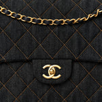 Denim Quilted XXL Travel Flap Bag Dark Blue Orange