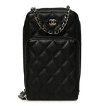 Caviar Quilted Phone Holder With Chain Black