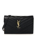 Calfskin Matelasse Chevron Monogram Envelope Chain Wallet Black