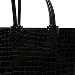 Patent Calfskin Crocodile Embossed Spikes Zipped Cabata Tote Black