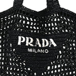 Yarn Raffia Effect Crochet Logo Embroidered Tote Bag Black