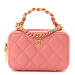 Lambskin Quilted Top Handle Mini Vanity Case Pink