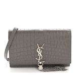 Calfskin Crocodile Embossed Kate Monogram Tassel Chain Wallet Fog