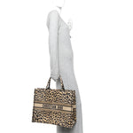 Canvas Mizza Embroidered Large Leopard Book Tote Beige