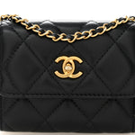 Lambskin Quilted Pearl Crush Card Holder With Chain Black