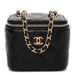 Lambskin Quilted Mini Pearl Crush Vanity Case With Chain Black