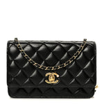 Shiny Lambskin Quilted CC Pearl Wallet on Chain WOC Black