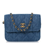Denim Quilted CC Pearl Crush Clutch With Chain Blue