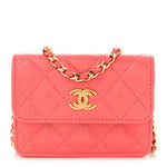 Shiny Lambskin Quilted Card Holder On Chain Pink