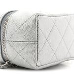Metallic Caviar Quilted Mini Top Handle Vanity With Chain Silver