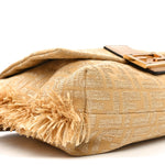 Fabric Jacquard Raffia Straw Fringe Medium Mamma Baguette Beige