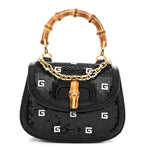 Sequin Lizard Embossed GG Mini Bamboo 1947 Top Handle Chain Bag Black White