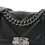 Calfskin Perforated Chevron Quilted Small Boy Flap Black