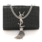 Calfskin Crocodile Embossed Small Classic Monogram Kate Tassel Satchel Black