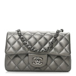 Metallic Lambskin Quilted Mini Rectangular Flap  Dark Grey