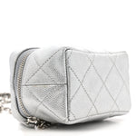 Metallic Caviar Quilted Mini Top Handle Vanity With Chain Silver