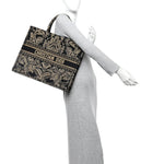 Canvas Embroidered Large Ornamental Cornely Effect Book Tote Black Beige