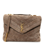 Suede Y Quilted Monogram Medium Loulou Chain Satchel Taupe