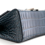 Shiny Calfskin Crocodile Embossed Hourglass Top Handle Bag XS Denim Blue