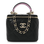 Lambskin Quilted Top Handle Mini Vanity Case With Chain Black Pink