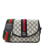 GG Supreme Monogram Textured Dollar Calfskin Web Studded Mini Ophidia Flap Shoulder Bag Beige Blue