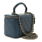Lambskin Quilted Small Top Handle Vanity Case With Chain Blue