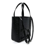 Shiny Calfskin Logo Crocodile Embossed XXS Everyday Tote  Black