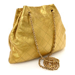 Metallic Calfskin Quilted Small Drawstring Bag Gold