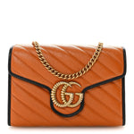 Vintage Effect Calfskin Matelasse Diagonal Torchon GG Marmont Chain Wallet Cognac