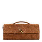 Suede Intrecciato Long Andiamo Top Handle Clutch Amber
