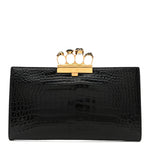 Calfskin Crocodile Embossed Knuckle Flat Clutch Black Gold