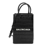 Calfskin Crocodile Embossed Logo Shopping Phone Holder Bag Black